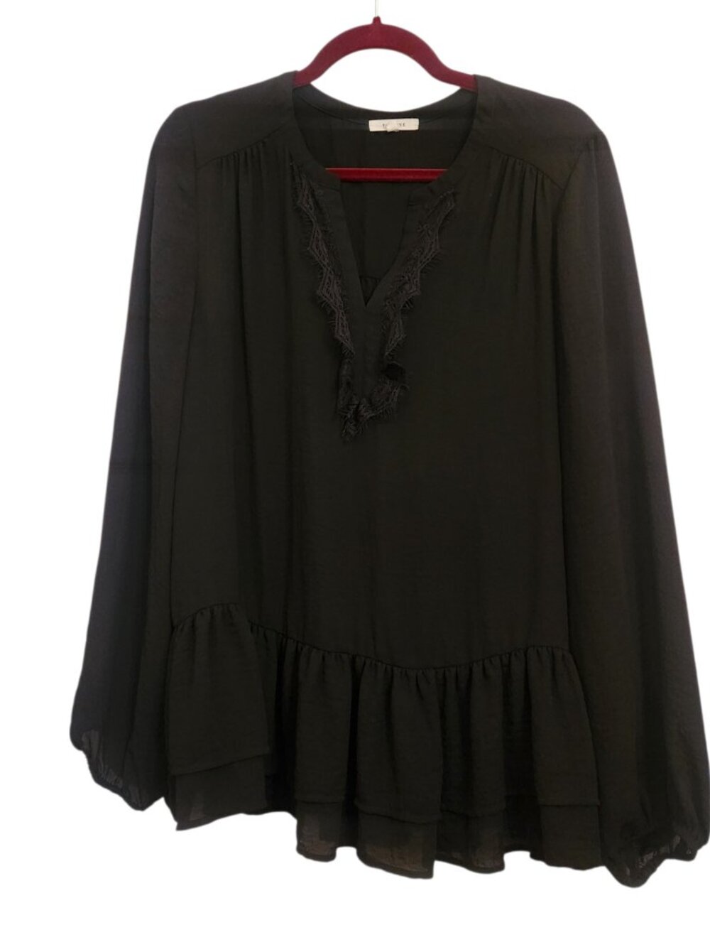 Pleione Black Lace Trim Peplum Ruffle Blouse Long Sleeve Size L